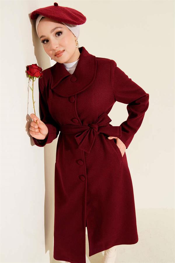 Button-down Belted Cashmere Coat Burgundy