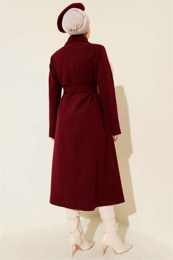 Button-down Belted Cashmere Coat Burgundy