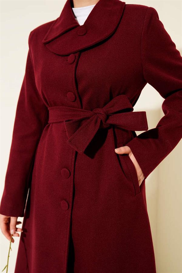 Button-down Belted Cashmere Coat Burgundy