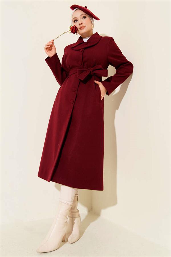 Button-down Belted Cashmere Coat Burgundy