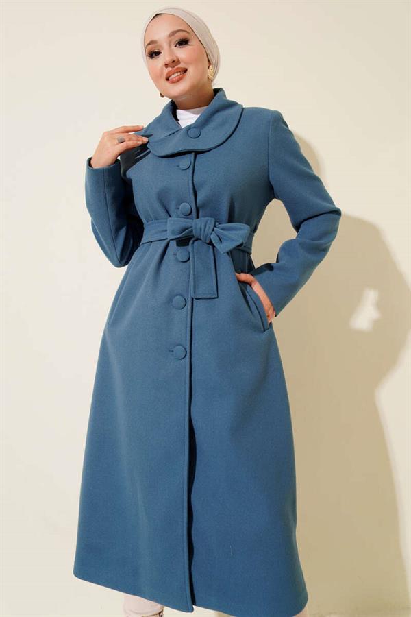 Button-down Belted Cashmere Coat Blue