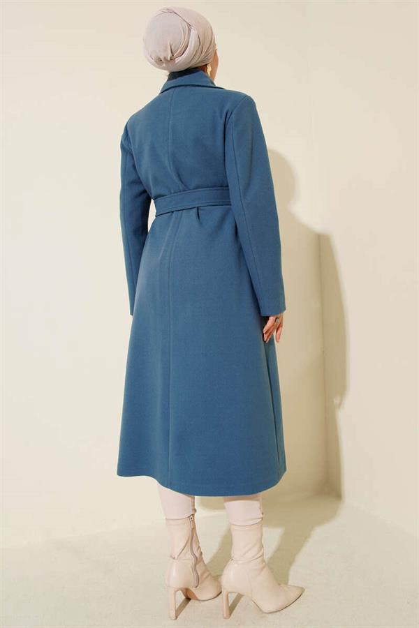 Button-down Belted Cashmere Coat Blue