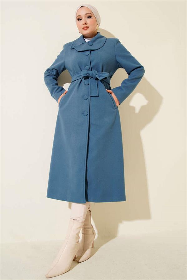 Button-down Belted Cashmere Coat Blue
