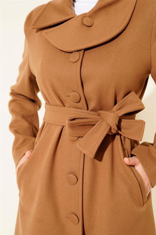 Button-down Belted Cashmere Coat in Tan