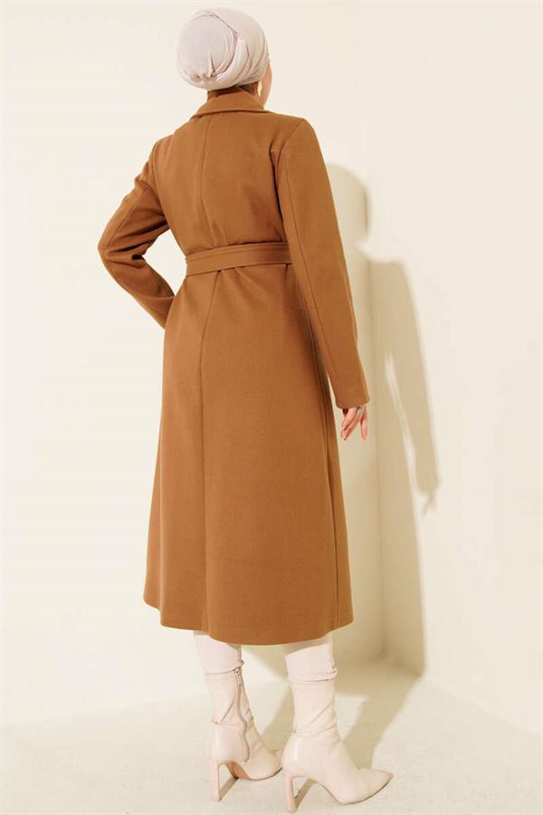 Button-down Belted Cashmere Coat in Tan