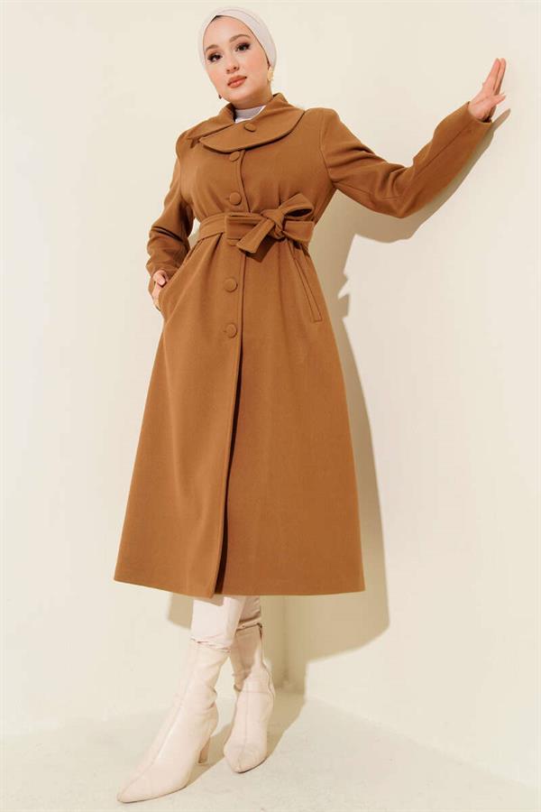 Button-down Belted Cashmere Coat in Tan
