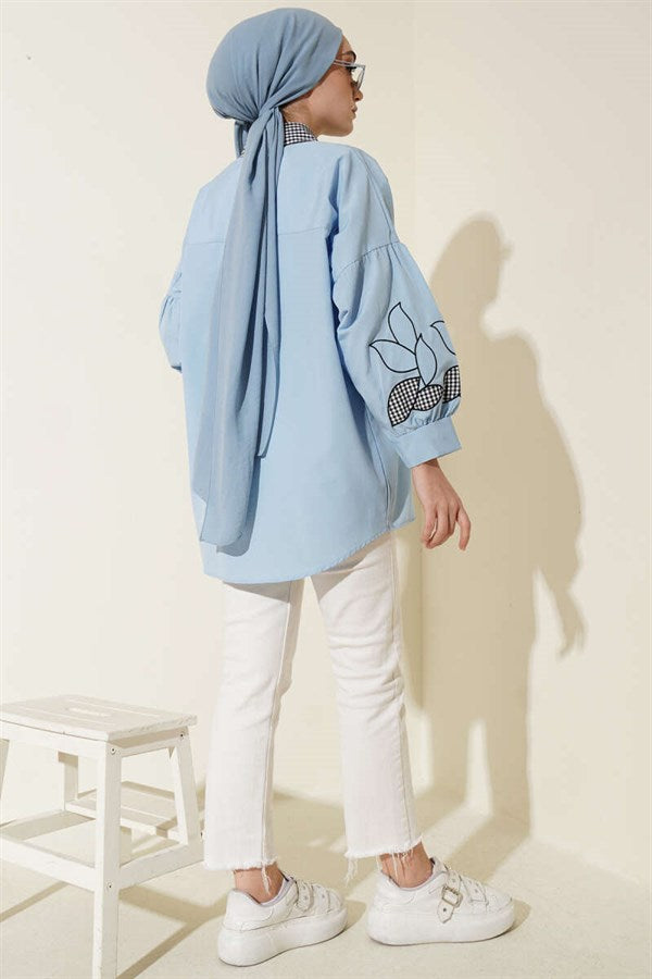 Baby Blue Shirt with Plaid Collar and Embroidered Sleeves