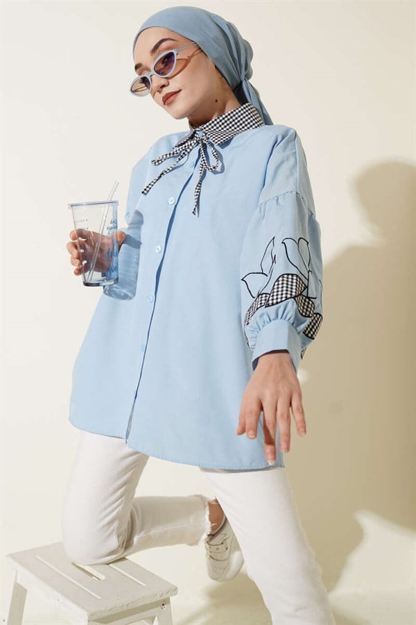 Baby Blue Shirt with Plaid Collar and Embroidered Sleeves