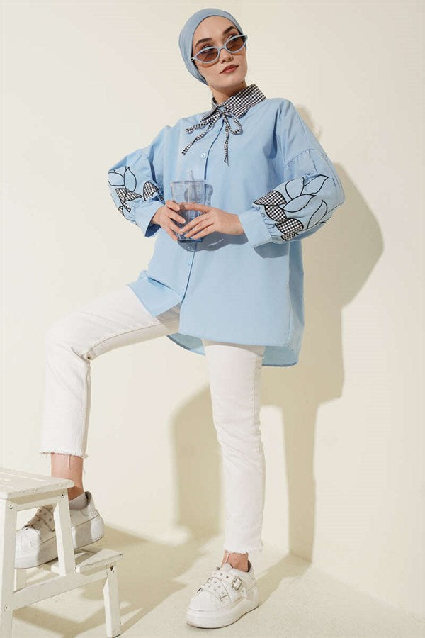 Baby Blue Shirt with Plaid Collar and Embroidered Sleeves