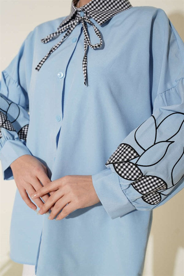 Baby Blue Shirt with Plaid Collar and Embroidered Sleeves
