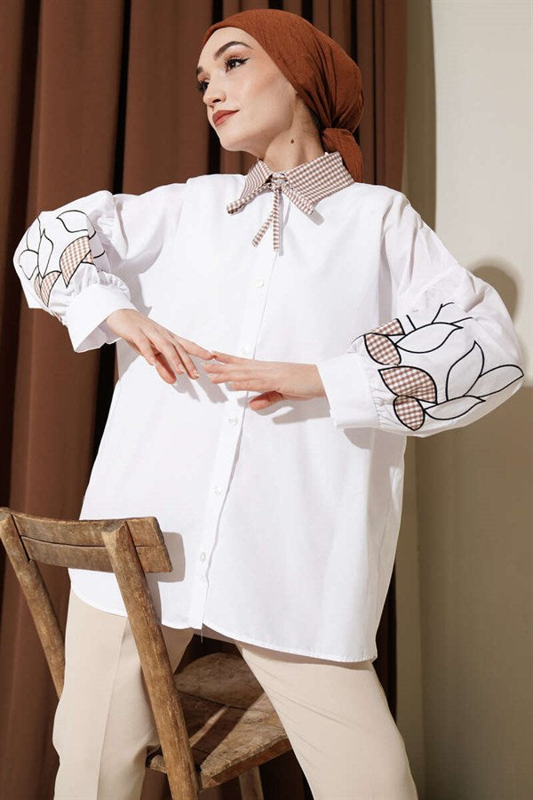 White Shirt with Plaid Collar and Embroidered Sleeves