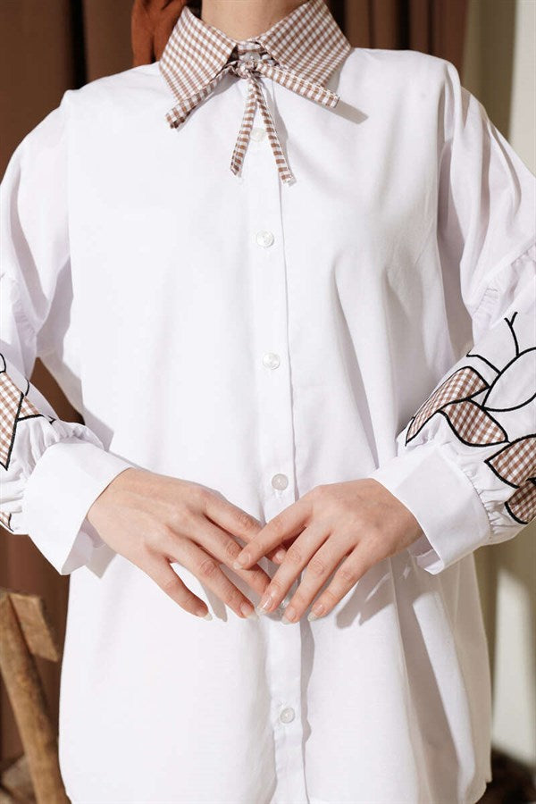 White Shirt with Plaid Collar and Embroidered Sleeves
