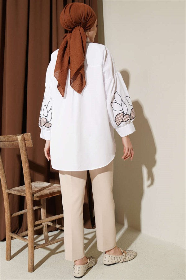 White Shirt with Plaid Collar and Embroidered Sleeves