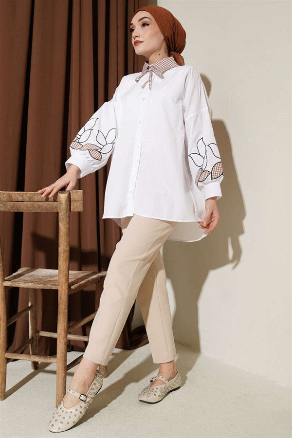 White Shirt with Plaid Collar and Embroidered Sleeves