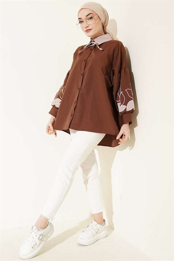 Shirt with Plaid Collar and Embroidered Sleeves, Coffee