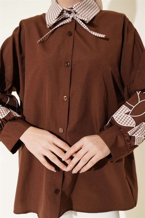 Shirt with Plaid Collar and Embroidered Sleeves, Coffee