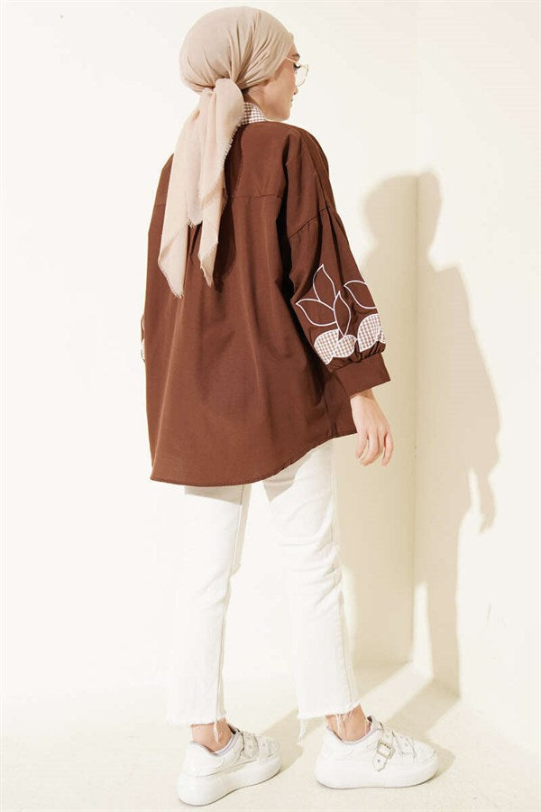 Shirt with Plaid Collar and Embroidered Sleeves, Coffee