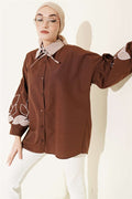 Shirt with Plaid Collar and Embroidered Sleeves, Coffee