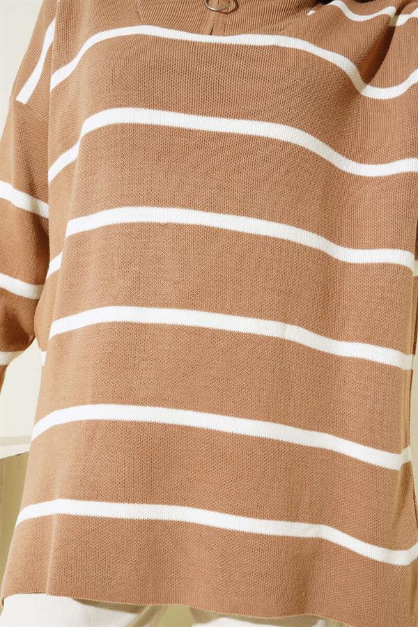 Collar Zippered Striped Knit Tunic Latte