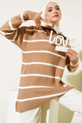Collar Zippered Striped Knit Tunic Latte