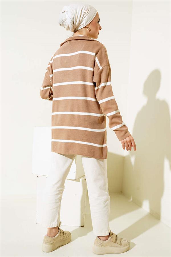 Collar Zippered Striped Knit Tunic Latte