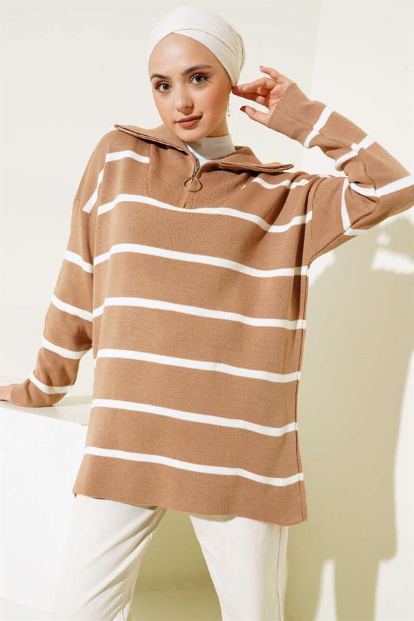 Collar Zippered Striped Knit Tunic Latte