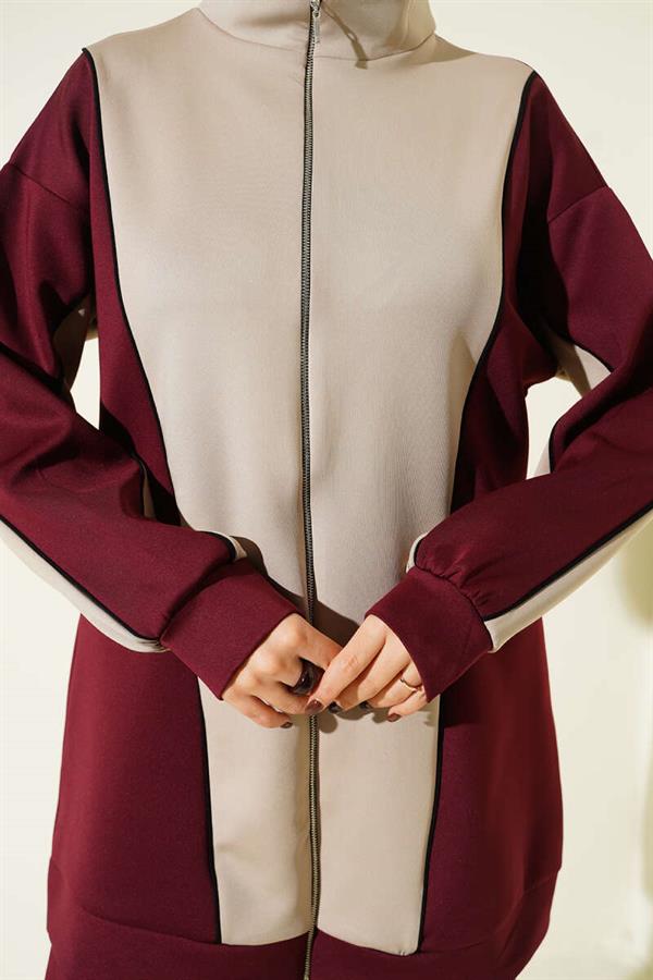 Zippered Collar Garnished 2 Piece Set Burgundy