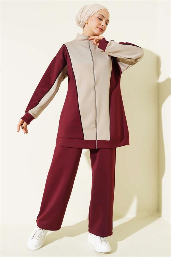 Zippered Collar Garnished 2 Piece Set Burgundy