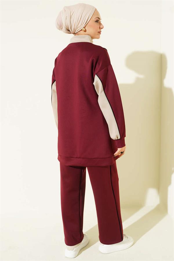 Zippered Collar Garnished 2 Piece Set Burgundy