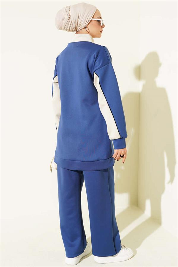 Zippered Collar Garnished 2 Piece Set Navy Blue