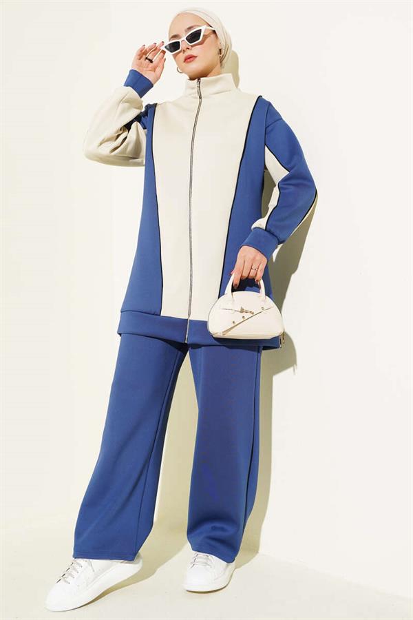 Zippered Collar Garnished 2 Piece Set Navy Blue