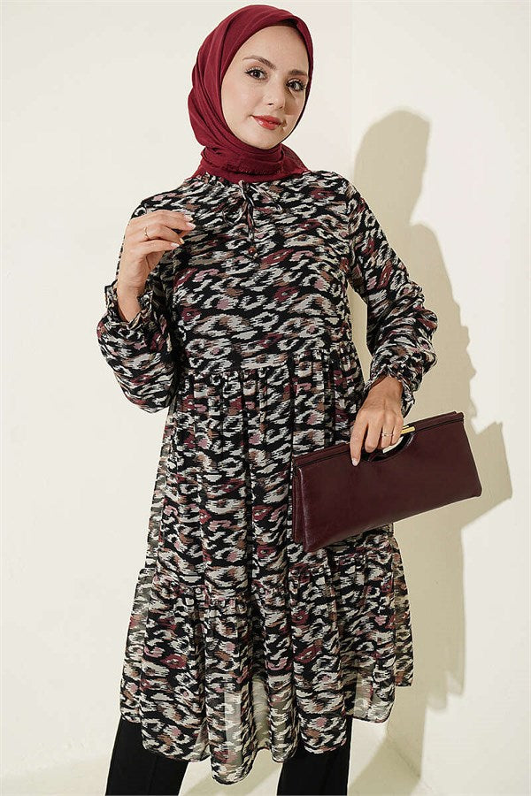 Burgundy Chiffon Tunic with Ruffle Collar Detail