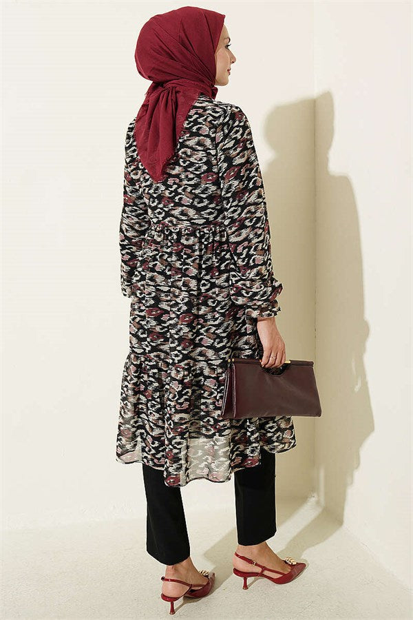 Burgundy Chiffon Tunic with Ruffle Collar Detail