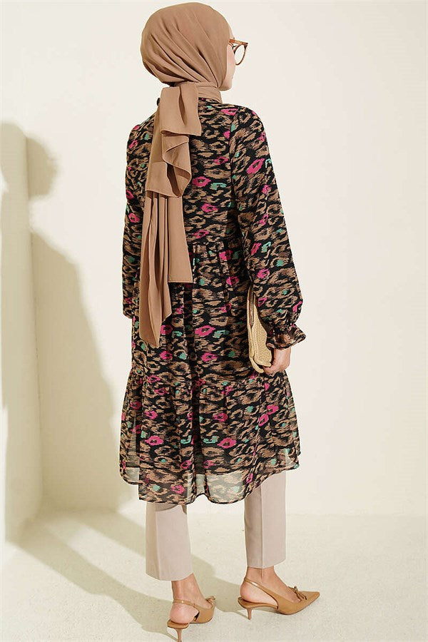 Latte Chiffon Tunic with Ruffle Collar Detail