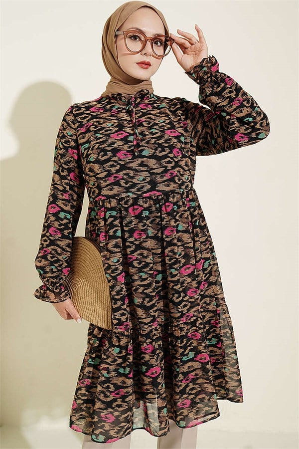 Latte Chiffon Tunic with Ruffle Collar Detail