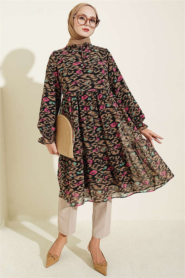 Latte Chiffon Tunic with Ruffle Collar Detail
