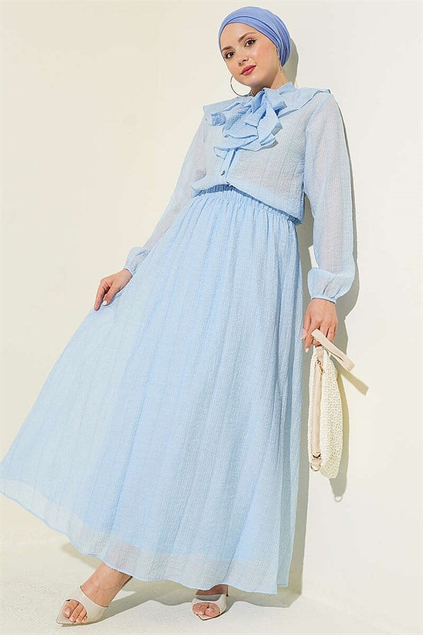 2 Piece Set with ruffled collar and lace-up skirt, blue.