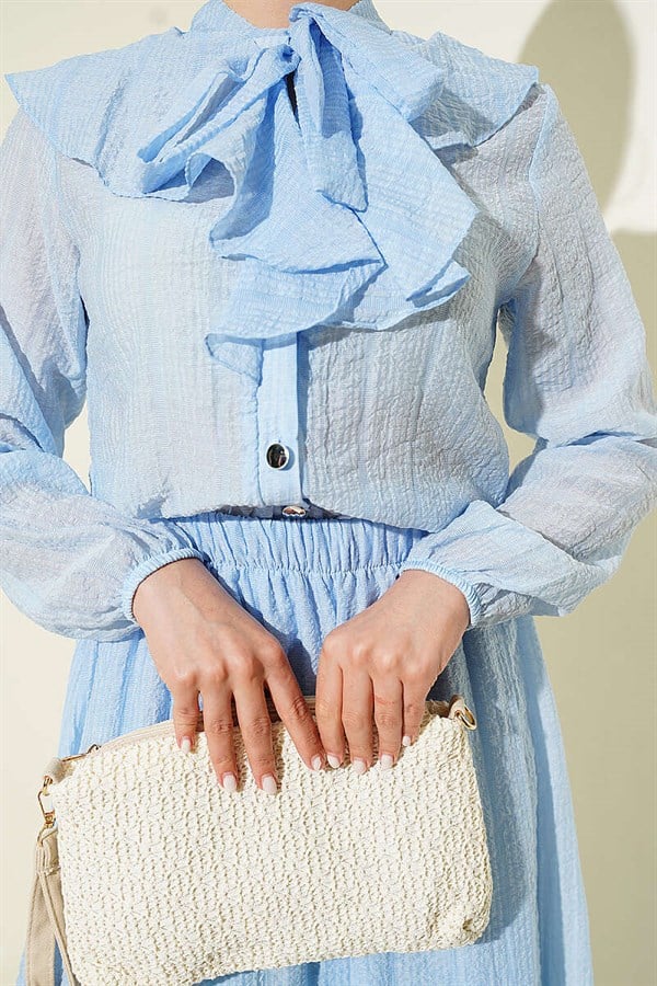 2 Piece Set with ruffled collar and lace-up skirt, blue.