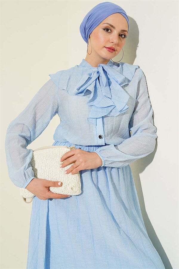 2 Piece Set with ruffled collar and lace-up skirt, blue.