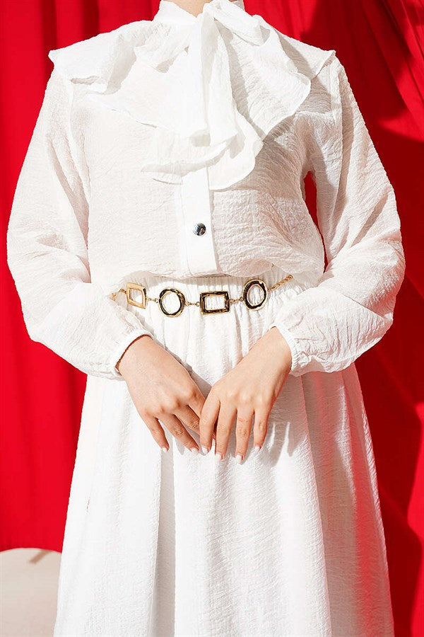 2 Piece Set with ruffled collar and lace-up skirt, ecru.