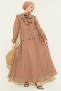 2 Piece Set with Ruffled Collar and Lace-Up Skirt, Mink Color