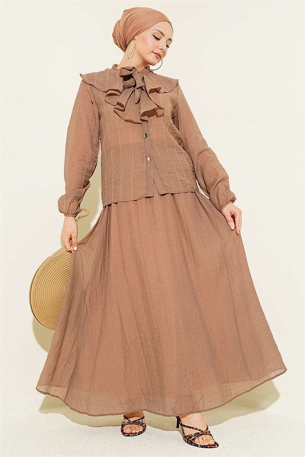 2 Piece Set with Ruffled Collar and Lace-Up Skirt, Mink Color