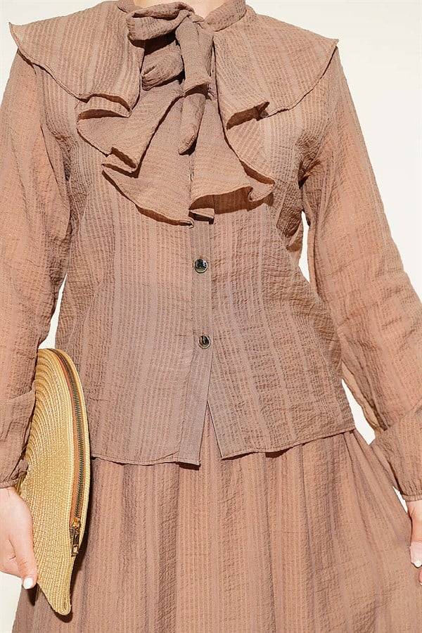 2 Piece Set with Ruffled Collar and Lace-Up Skirt, Mink Color