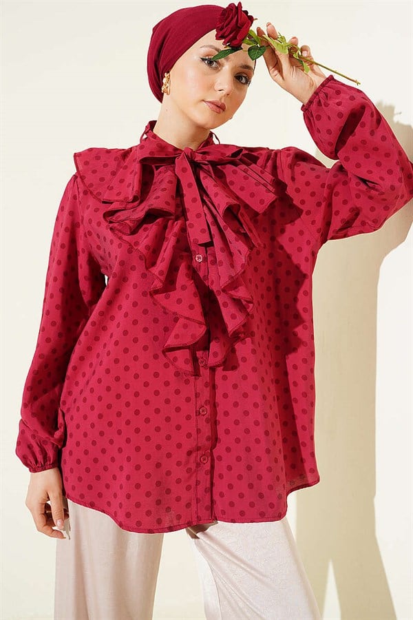 Burgundy Polka Dot Shirt with Ruffled Collar and Drawstring