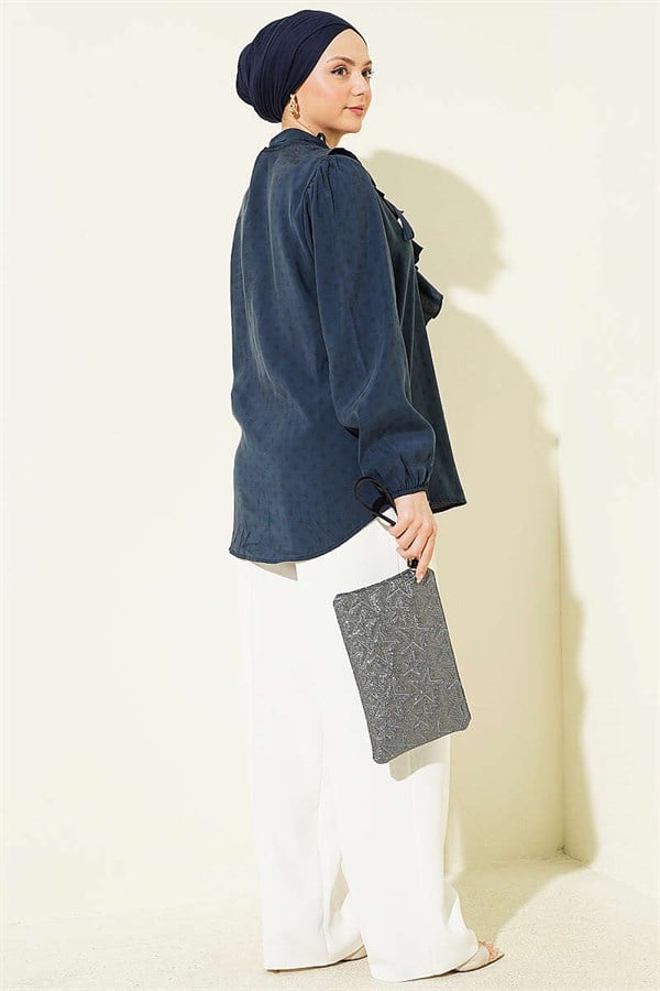 Polka Dot Shirt with Ruffled Collar and Drawstring, Dark Gray