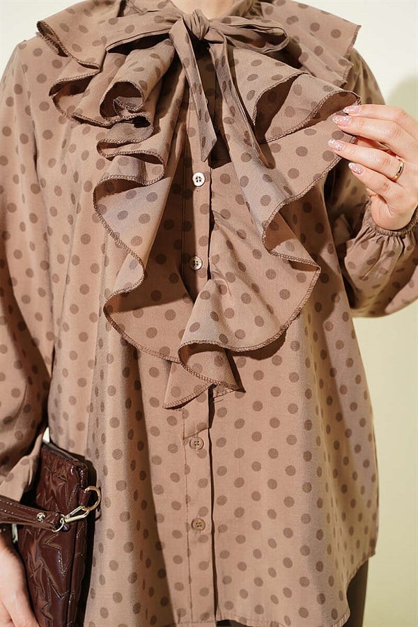 Polka Dot Shirt with Ruffled Collar and Drawstring, Mink Color