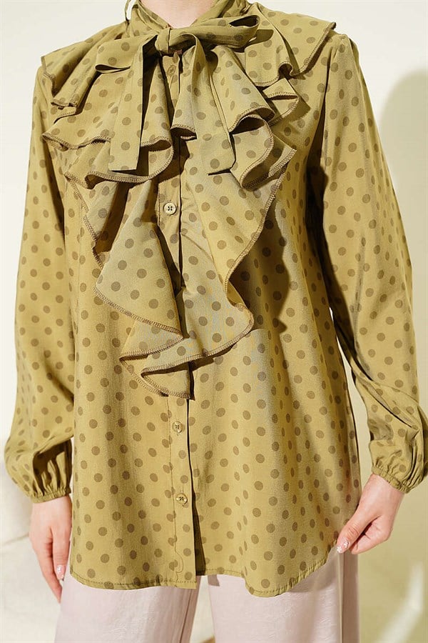Polka Dot Shirt with Ruffled Collar and Drawstring, Olive Green