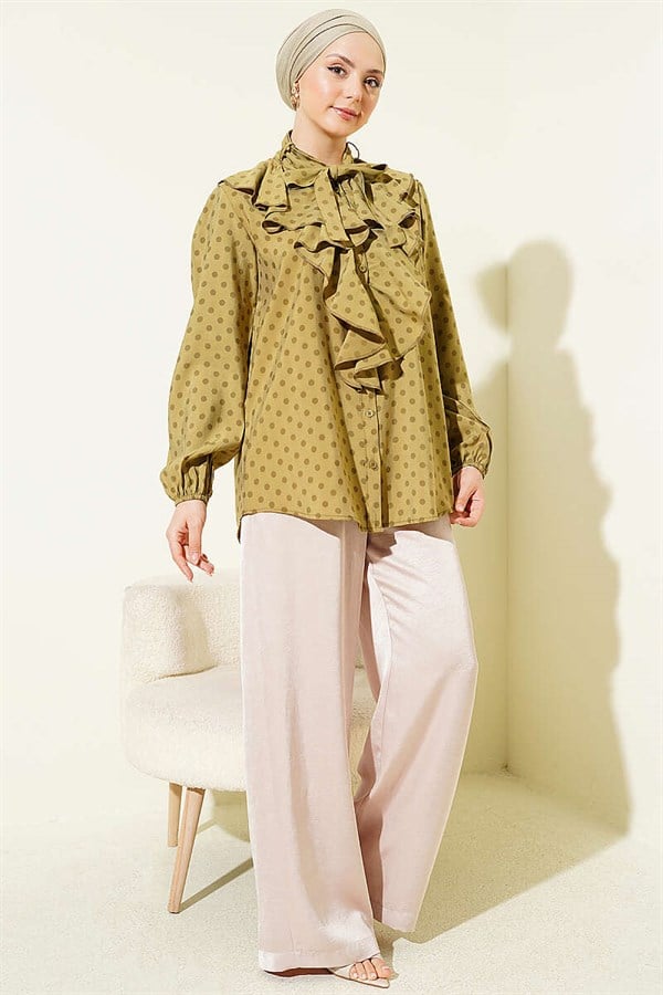 Polka Dot Shirt with Ruffled Collar and Drawstring, Olive Green