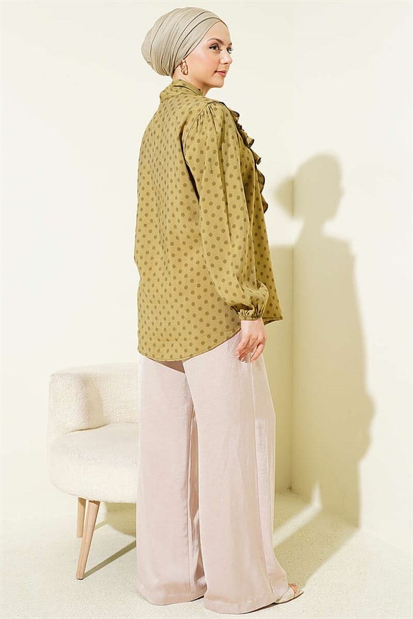 Polka Dot Shirt with Ruffled Collar and Drawstring, Olive Green