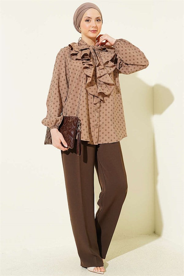 Polka Dot Shirt with Ruffled Collar and Drawstring, Mink Color
